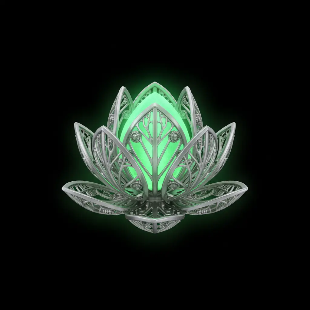 A small, mysterious glowing lotus bud waiting to bloom.